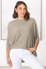 Belinda Knit Top - Boat Neckline Boxy Batwing Top in Beige