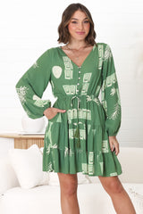 Alicia Mini Dress - A Line Tiered Dress with Pull Tie Waist in Maree Print Green