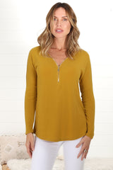 Cecile Top - Zipper Detail V Neck Top in Mustard