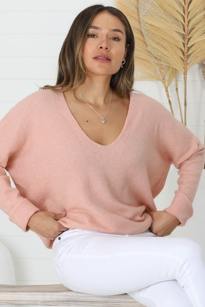 Carol Knit Top - Soft V Neck Batwing Sleeve Knit Top in Peach