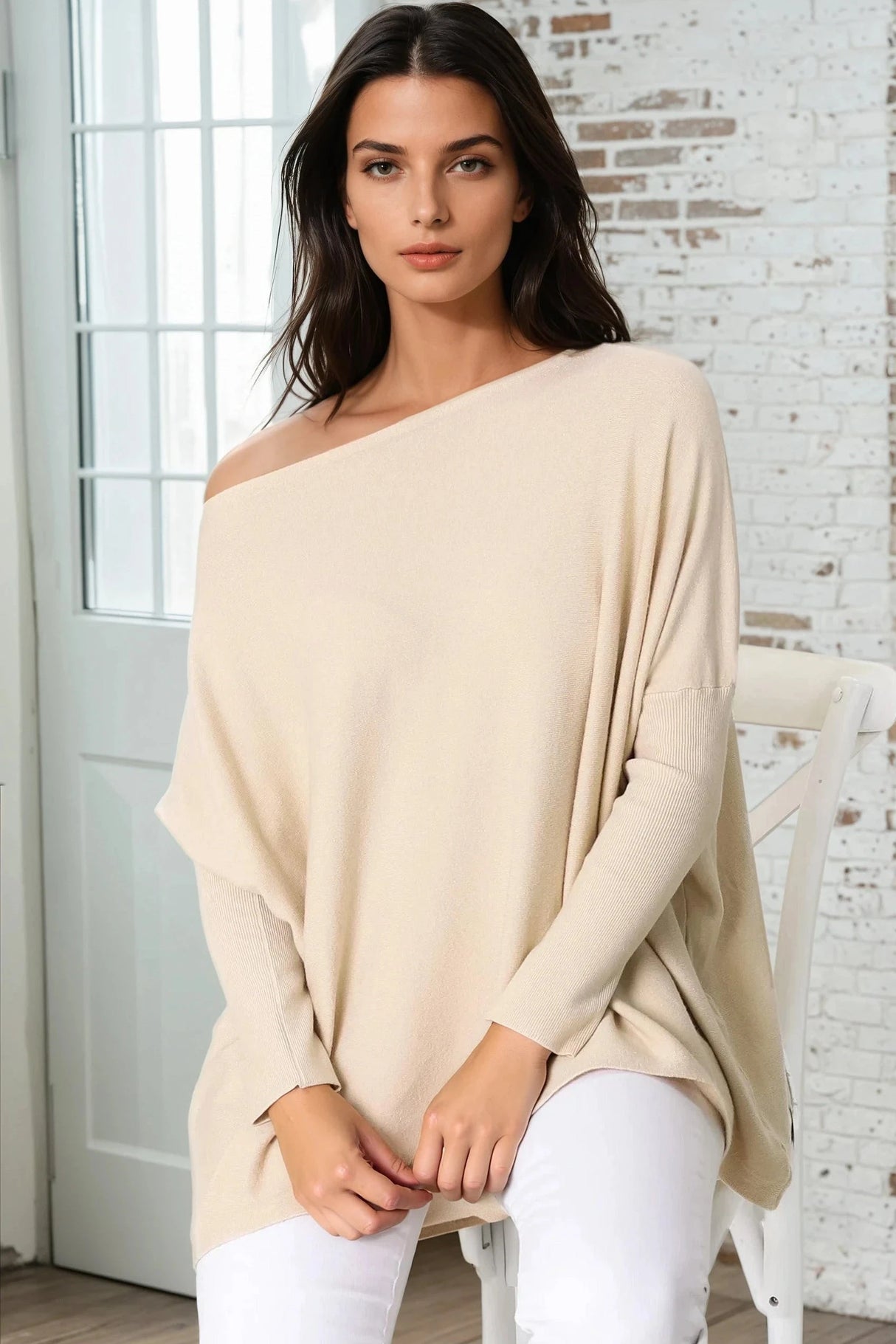 Belinda Knit Top - Boat Neckline Boxy Batwing Top in Sand