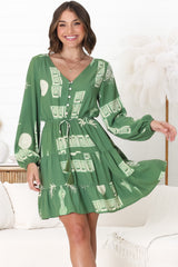 Alicia Mini Dress - A Line Tiered Dress with Pull Tie Waist in Maree Print Green