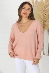 Carol Knit Top - Soft V Neck Batwing Sleeve Knit Top in Peach