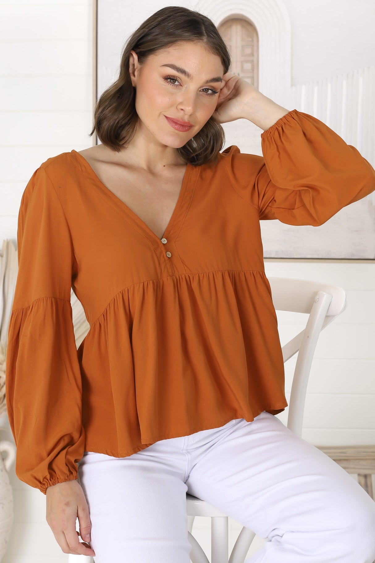 Grace Top - V-Neck Button Decal Long Sleeve Smock Top in Rust