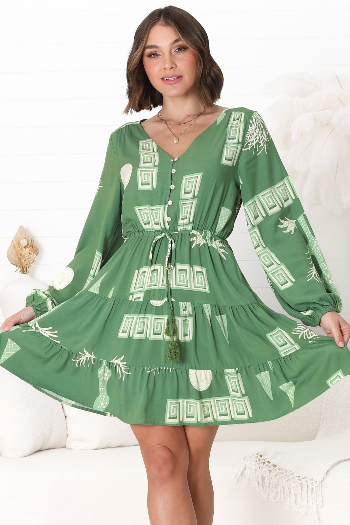 Alicia Mini Dress - A Line Tiered Dress with Pull Tie Waist in Maree Print Green