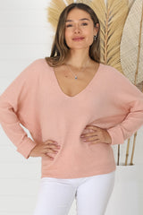 Carol Knit Top - Soft V Neck Batwing Sleeve Knit Top in Peach