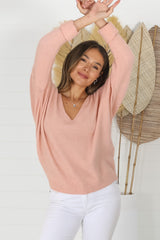 Carol Knit Top - Soft V Neck Batwing Sleeve Knit Top in Peach