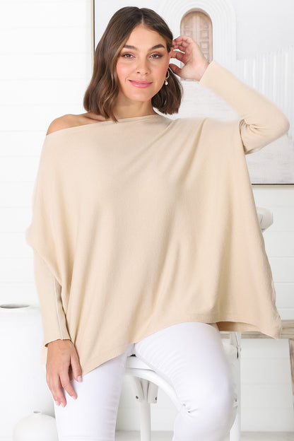 Belinda Knit Top - Boat Neckline Boxy Batwing Top in Sand