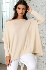 Belinda Knit Top - Boat Neckline Boxy Batwing Top in Sand