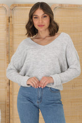 Carol Knit Top - Soft V Neck Batwing Sleeve Knit Top in Grey