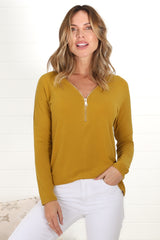 Cecile Top - Zipper Detail V Neck Top in Mustard