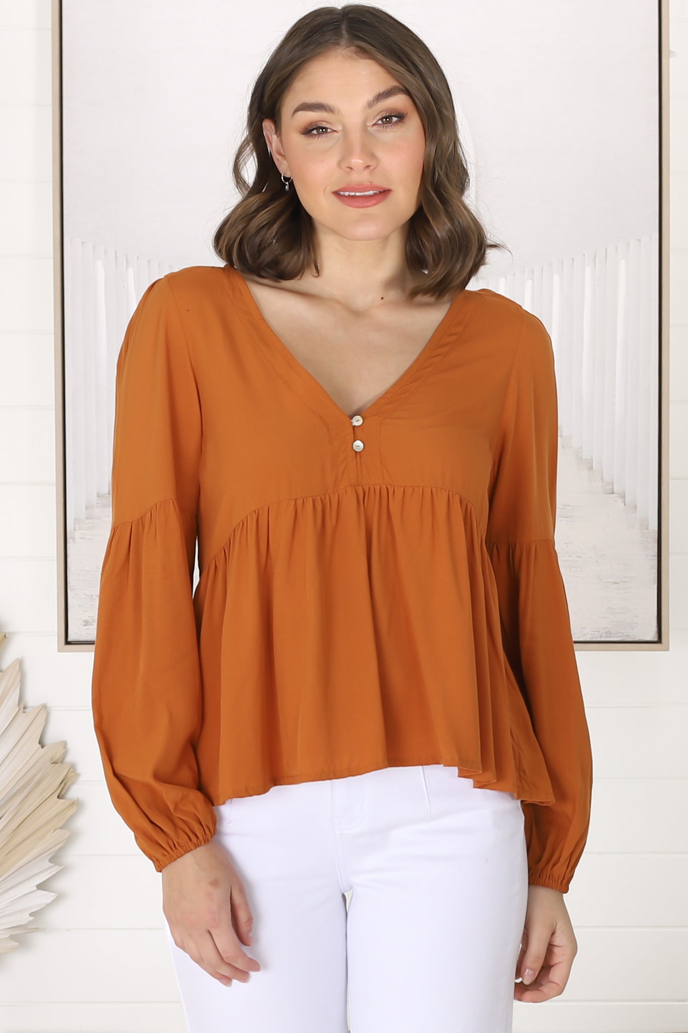 Grace Top - V-Neck Button Decal Long Sleeve Smock Top in Rust