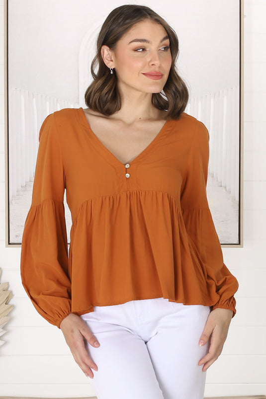Grace Top - V-Neck Button Decal Long Sleeve Smock Top in Rust