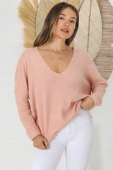 Carol Knit Top - Soft V Neck Batwing Sleeve Knit Top in Peach