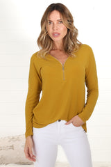 Cecile Top - Zipper Detail V Neck Top in Mustard