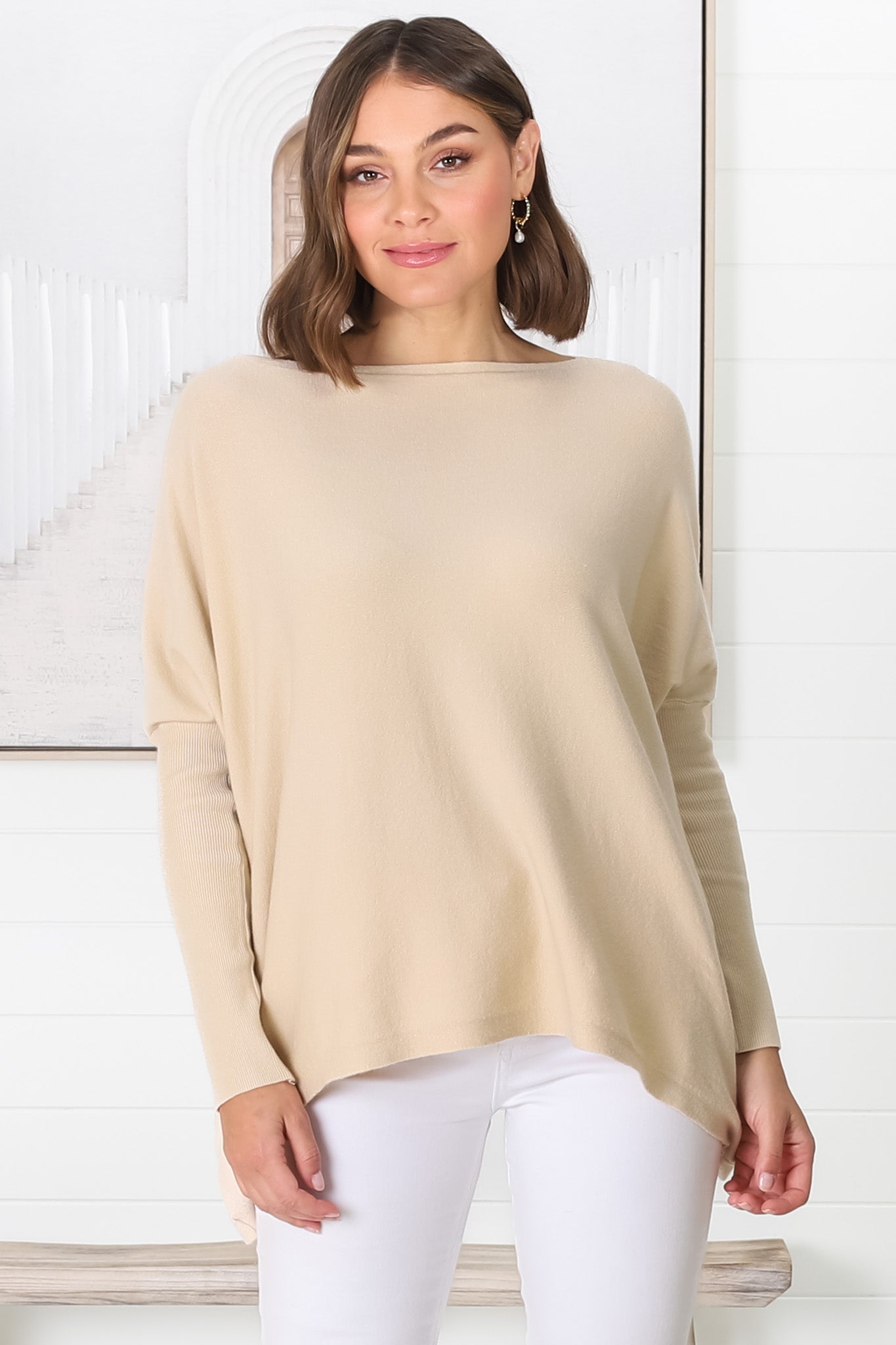 Belinda Knit Top - Boat Neckline Boxy Batwing Top in Sand