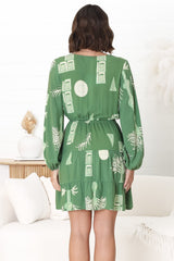 Alicia Mini Dress - A Line Tiered Dress with Pull Tie Waist in Maree Print Green