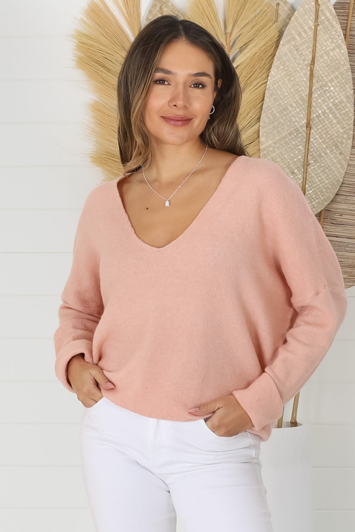 Carol Knit Top - Soft V Neck Batwing Sleeve Knit Top in Peach