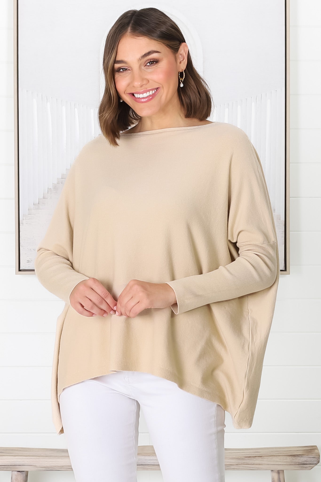 Belinda Knit Top - Boat Neckline Boxy Batwing Top in Sand