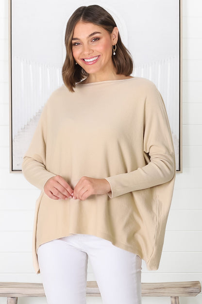 Belinda Knit Top - Boat Neckline Boxy Batwing Top in Sand