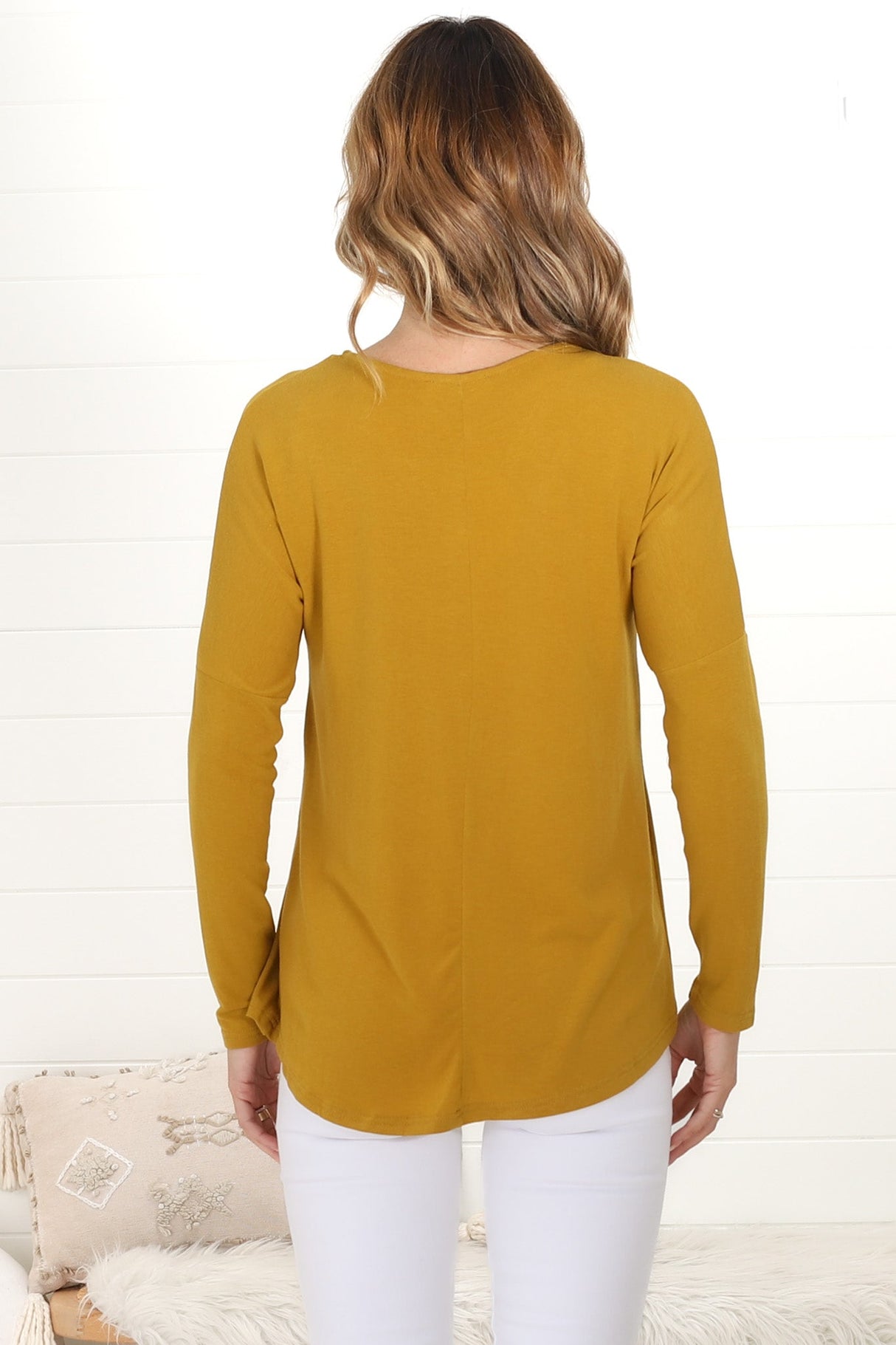 Cecile Top - Zipper Detail V Neck Top in Mustard