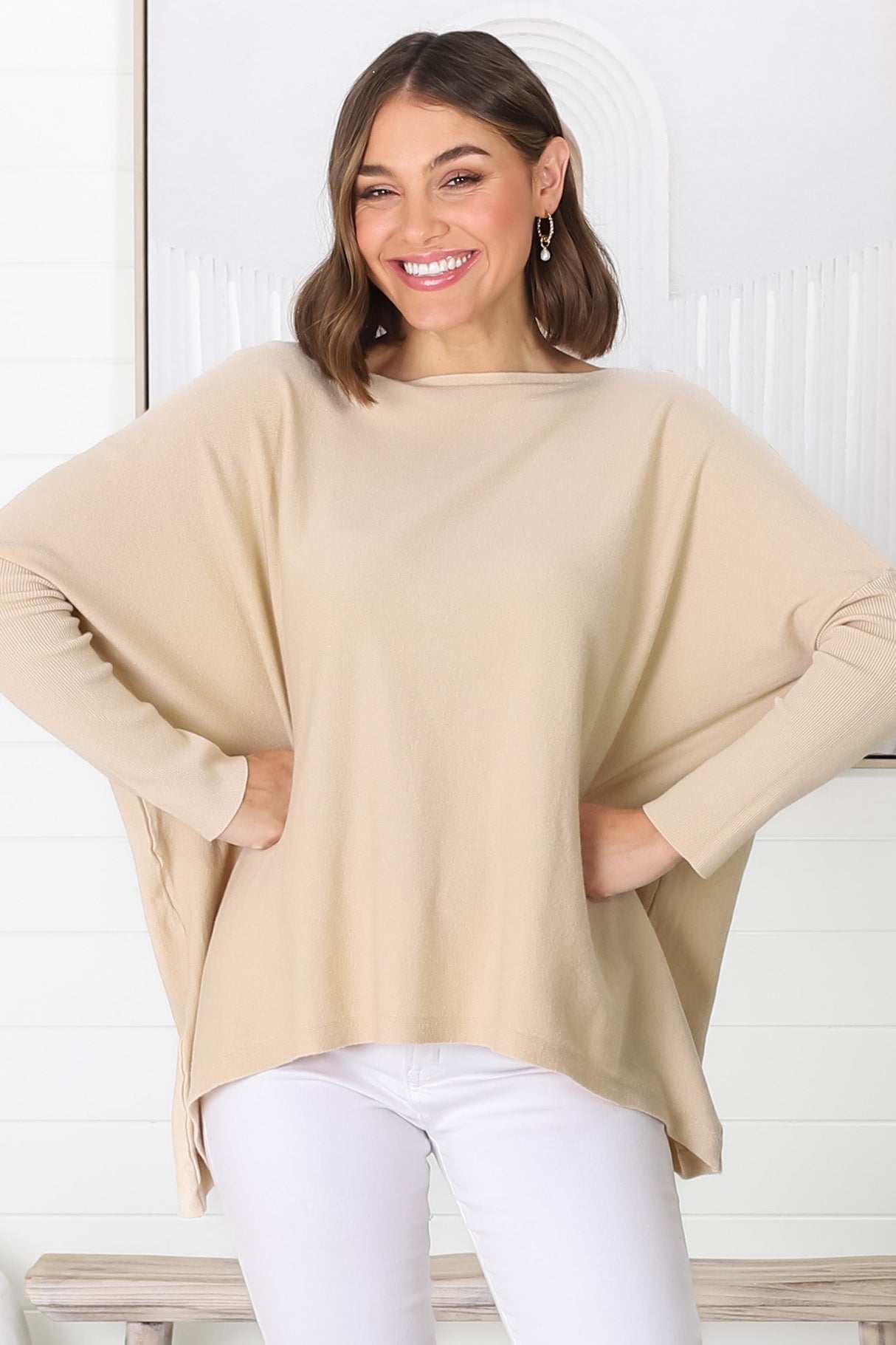 Belinda Knit Top - Boat Neckline Boxy Batwing Top in Sand