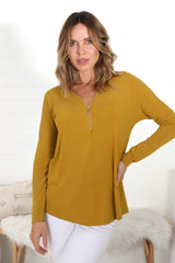 Cecile Top - Zipper Detail V Neck Top in Mustard