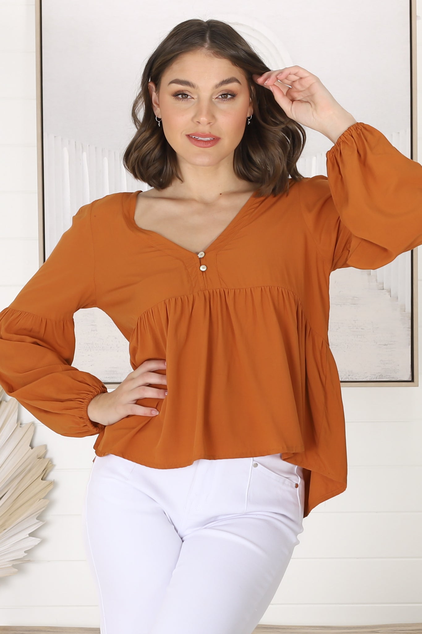 Grace Top - V-Neck Button Decal Long Sleeve Smock Top in Rust