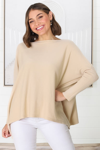 Belinda Knit Top - Boat Neckline Boxy Batwing Top in Sand