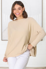 Belinda Knit Top - Boat Neckline Boxy Batwing Top in Sand