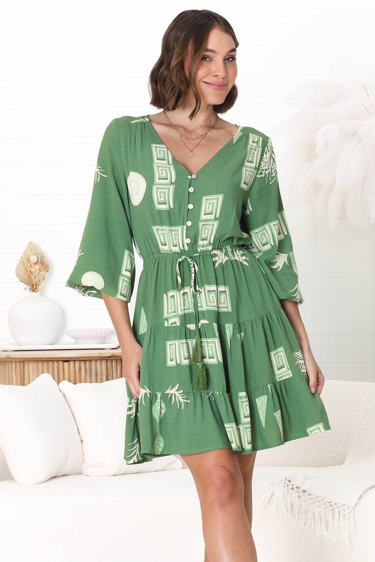 Alicia Mini Dress - A Line Tiered Dress with Pull Tie Waist in Maree Print Green