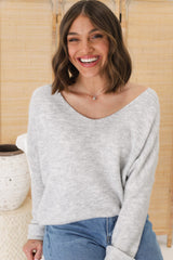 Carol Knit Top - Soft V Neck Batwing Sleeve Knit Top in Grey