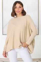 Belinda Knit Top - Boat Neckline Boxy Batwing Top in Sand