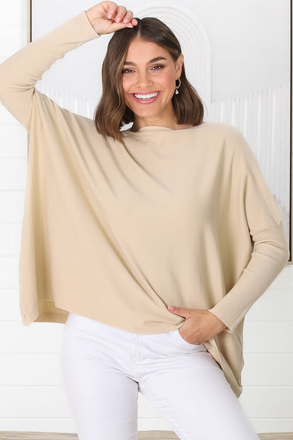 Belinda Knit Top - Boat Neckline Boxy Batwing Top in Sand