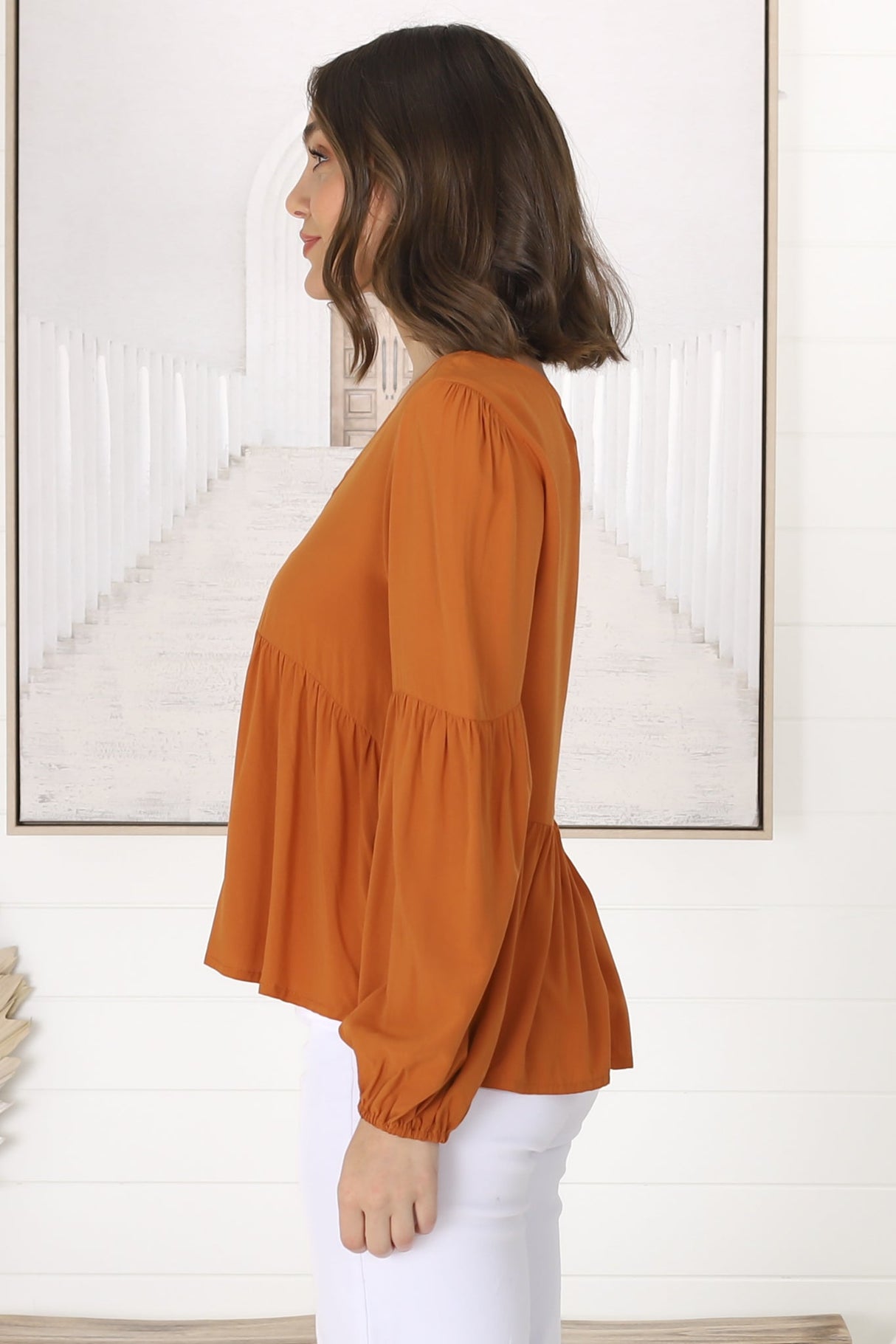 Grace Top - V-Neck Button Decal Long Sleeve Smock Top in Rust