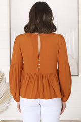 Grace Top - V-Neck Button Decal Long Sleeve Smock Top in Rust