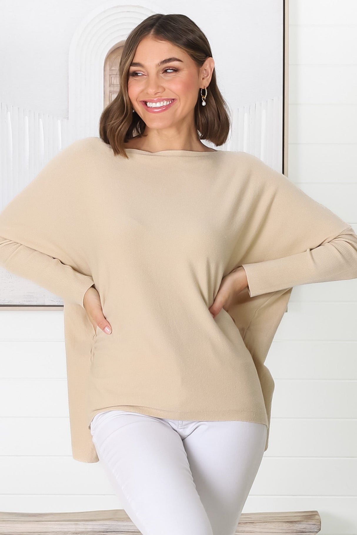 Belinda Knit Top - Boat Neckline Boxy Batwing Top in Sand