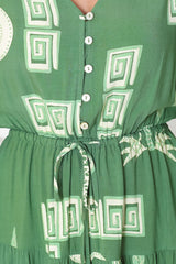 Alicia Mini Dress - A Line Tiered Dress with Pull Tie Waist in Maree Print Green