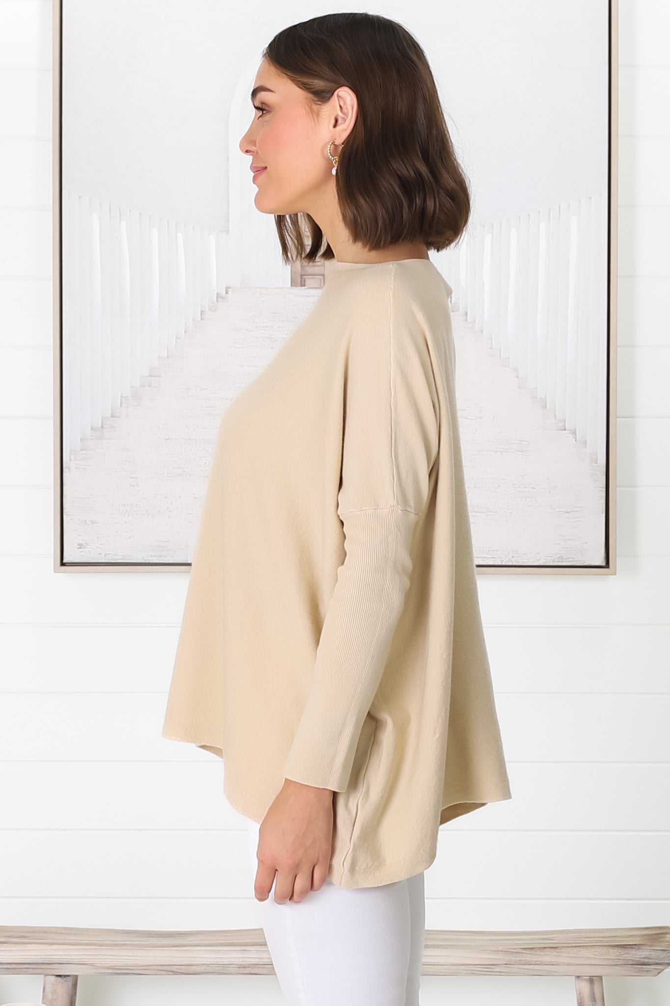 Belinda Knit Top - Boat Neckline Boxy Batwing Top in Sand