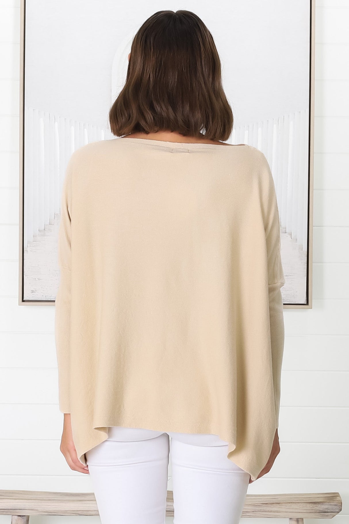 Belinda Knit Top - Boat Neckline Boxy Batwing Top in Sand