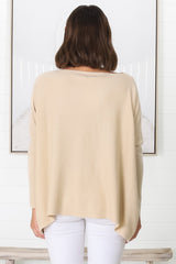 Belinda Knit Top - Boat Neckline Boxy Batwing Top in Sand