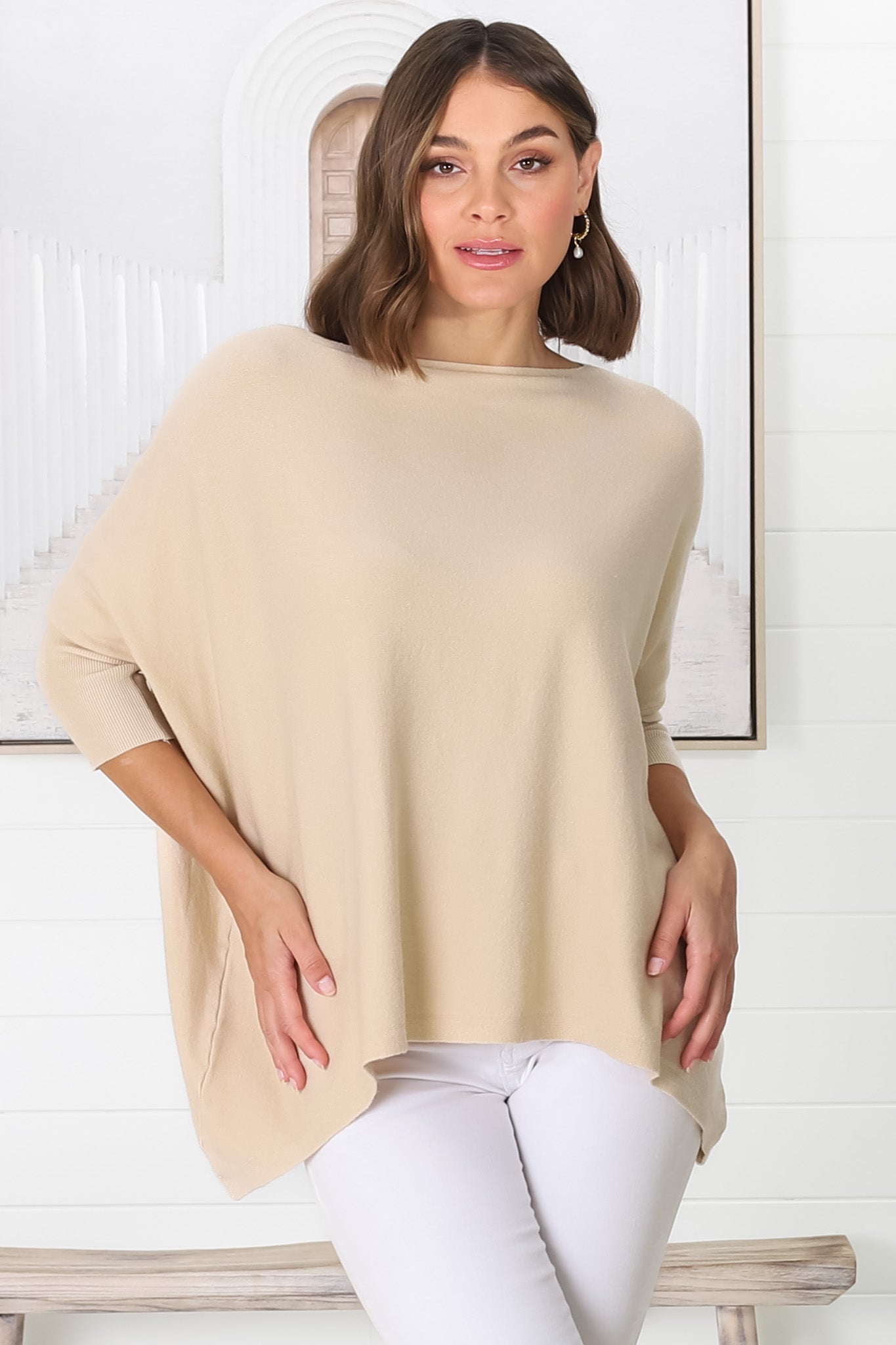 Belinda Knit Top - Boat Neckline Boxy Batwing Top in Sand