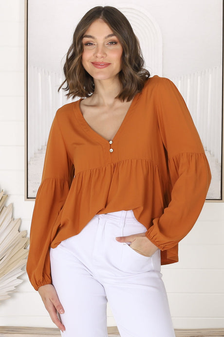 Grace Top - V-Neck Button Decal Long Sleeve Smock Top in Rust