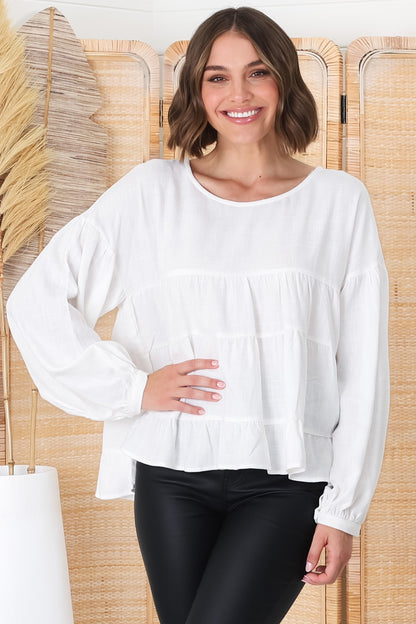 Gabby Top - Tiered Linen Top in White