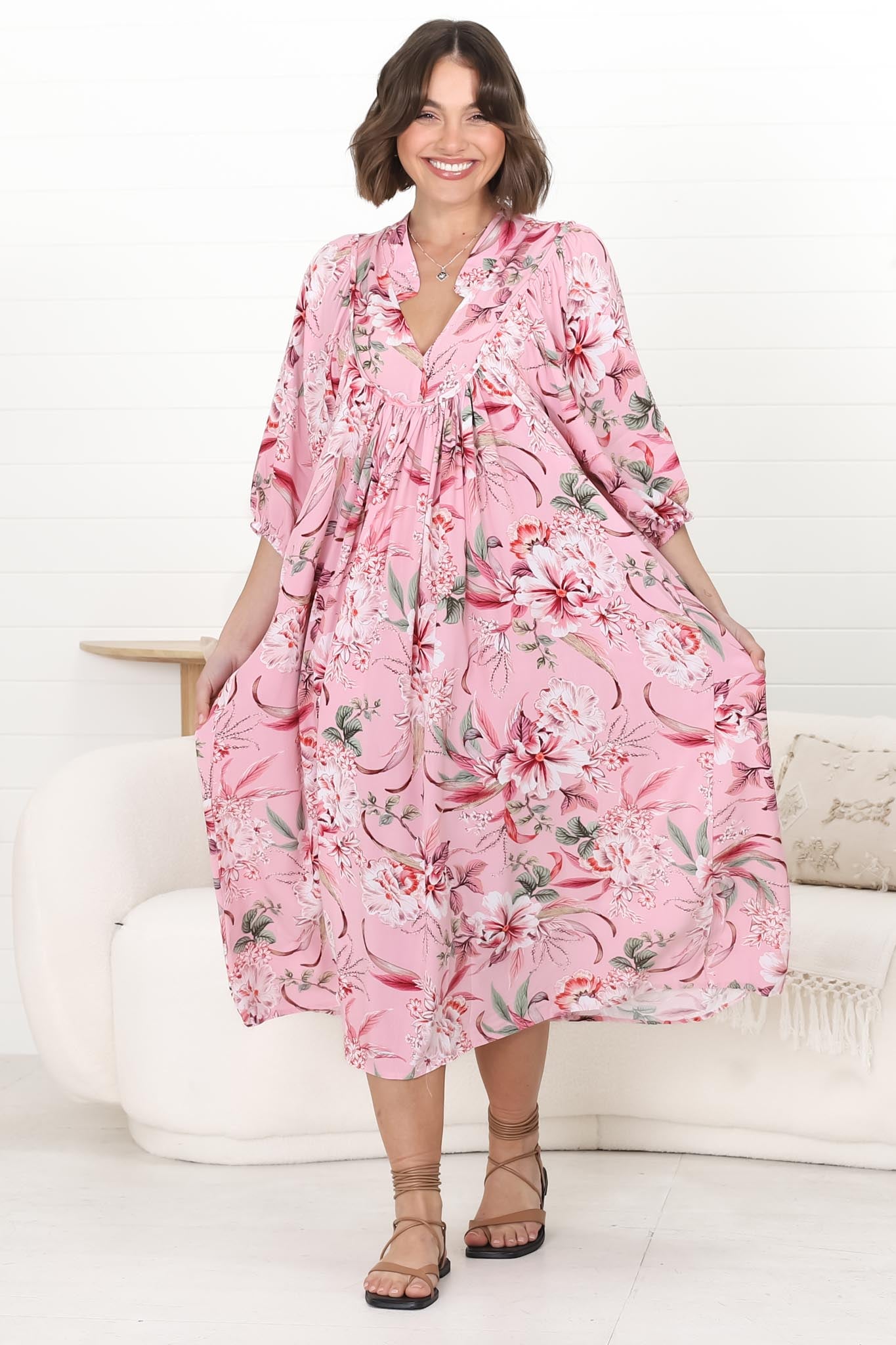 JAASE - Boheme Midi Dress: Piping Defined Bust Slimline Smock Dress In Pink Lotus