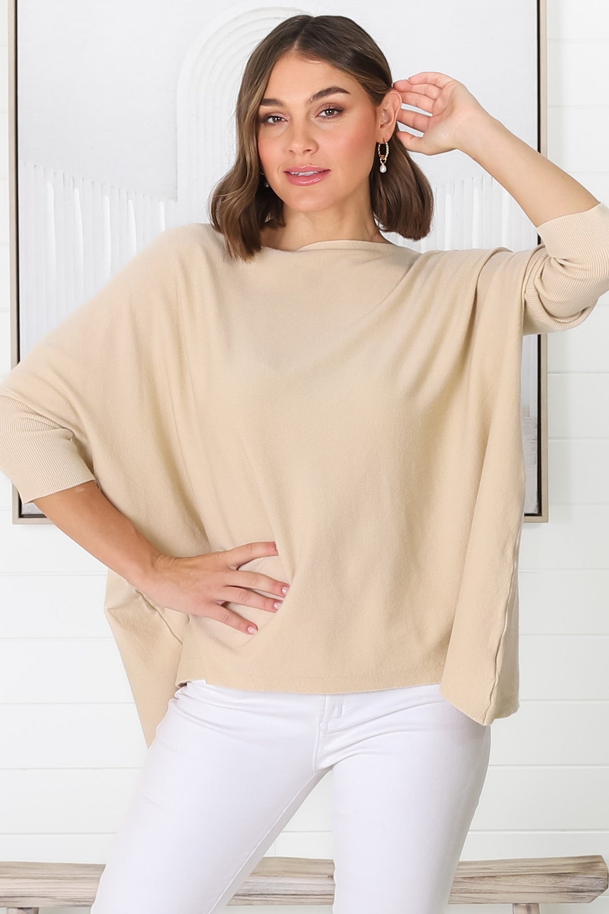 Belinda Knit Top - Boat Neckline Boxy Batwing Top in Sand