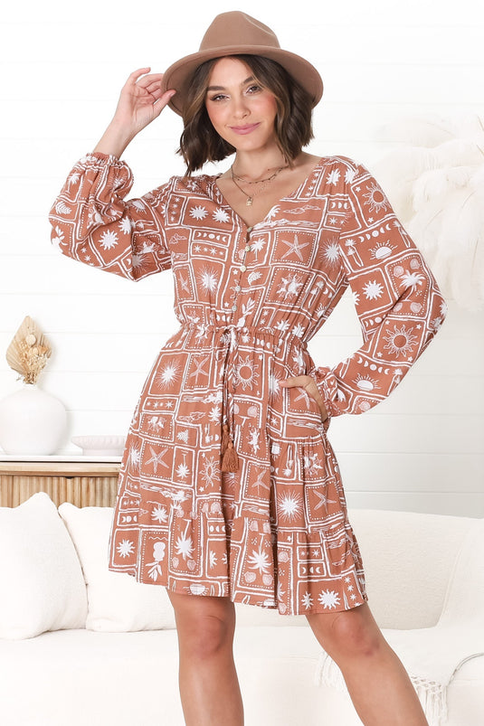 Alicia Mini Dress - A Line Tiered Dress with Pull Tie Waist in Cailan Print