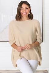 Belinda Knit Top - Boat Neckline Boxy Batwing Top in Sand