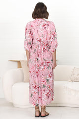 JAASE - Boheme Midi Dress: Piping Defined Bust Slimline Smock Dress In Pink Lotus