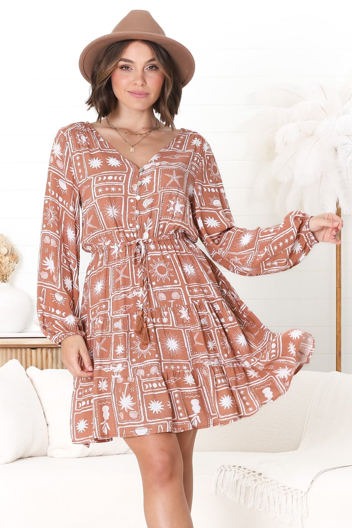 Alicia Mini Dress - A Line Tiered Dress with Pull Tie Waist in Cailan Print